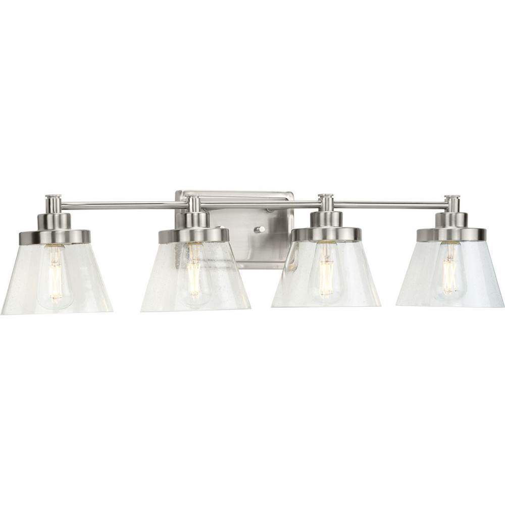 Progress Lighting Hinton Collection Four-Light Brushed Nickel Clear Seeded Glass Farmhouse Bath Vanity Light