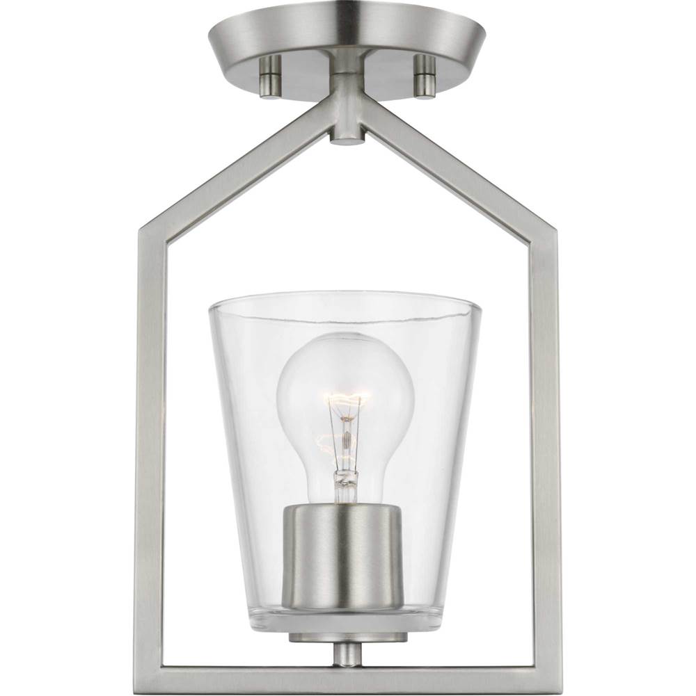 Progress Lighting Vertex Collection One-Light Brushed Nickel Clear Glass Contemporary Semi-Flush Mount