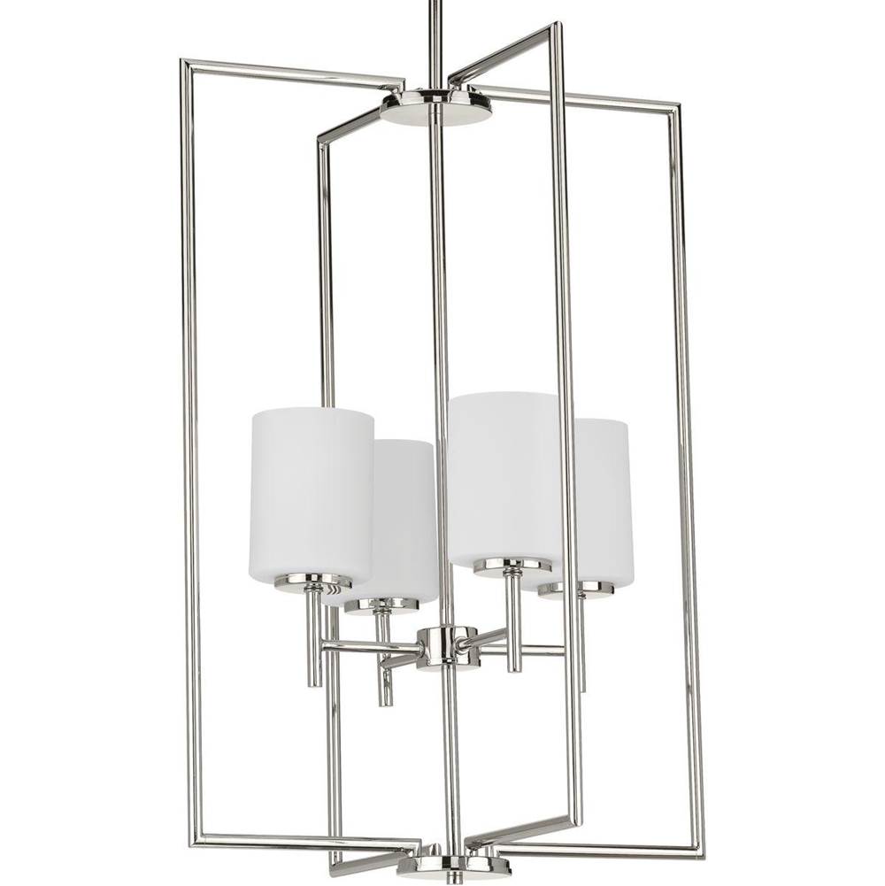 Progress Lighting Replay Collection Four-Light Polished Nickel Etched White Glass Modern Pendant Light