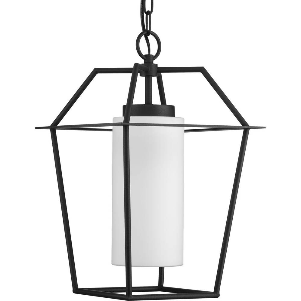 Progress Lighting Chilton Collection One-Light New Traditional Textured Black Etched Opal Glass Outdoor Hanging Light