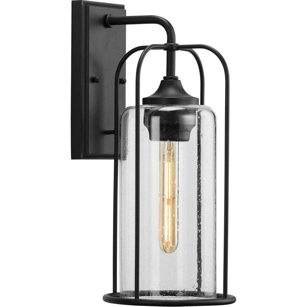 Progress Lighting Watch Hill Collection One-Light Textured Black and Clear Seeded Glass Farmhouse Style Medium Outdoor Wall Lantern