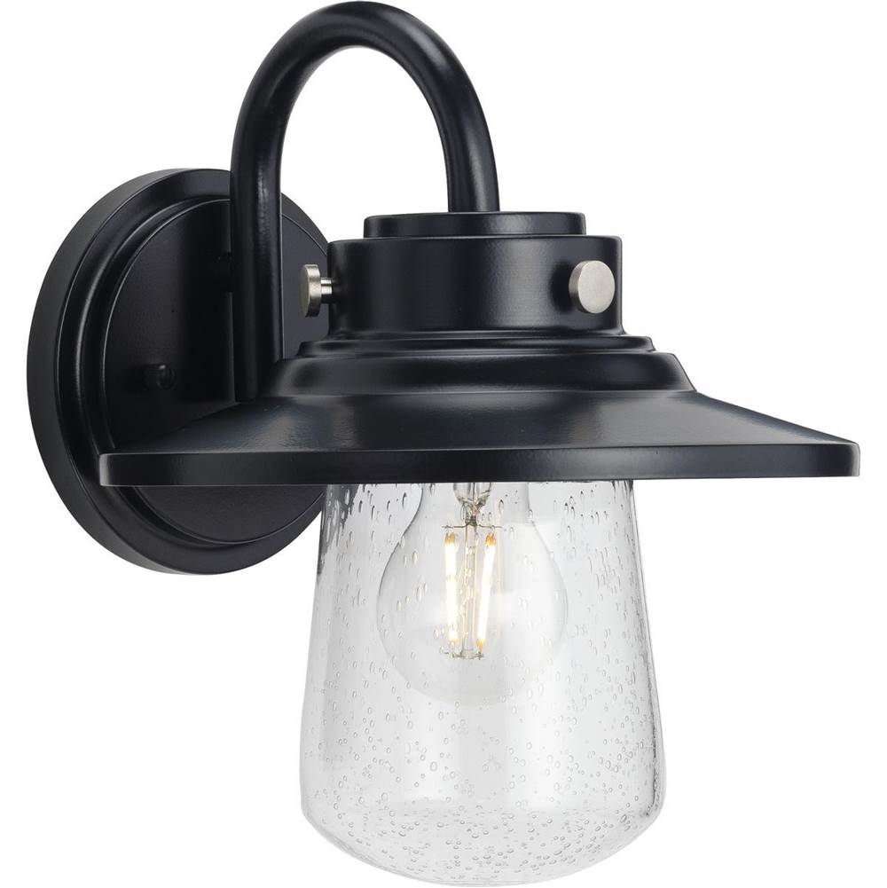 Progress Lighting Tremont Collection One-Light Matte Black and Clear Seeded Glass Farmhouse Style Medium Outdoor Wall Lantern