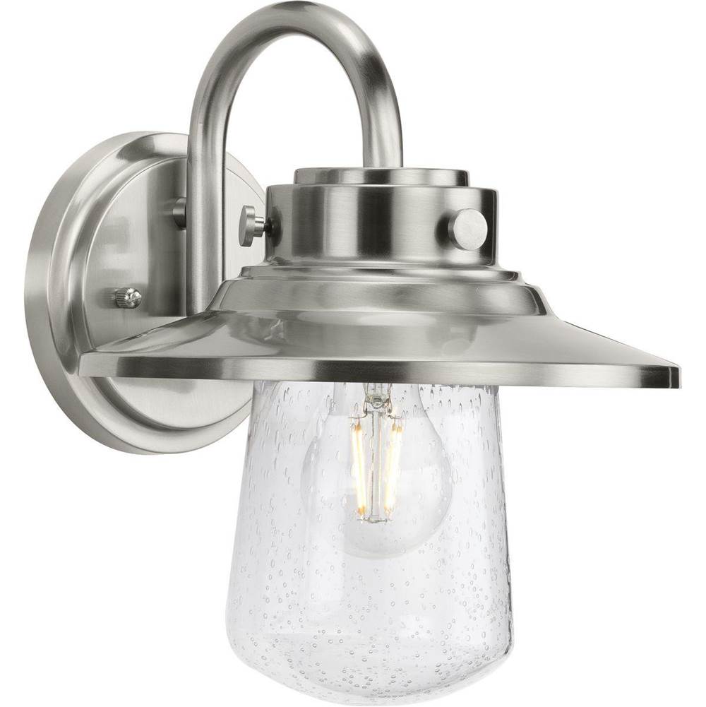 Progress Lighting Tremont Collection One-Light Stainless Steel and Clear Seeded Glass Farmhouse Style Medium Outdoor Wall Lantern