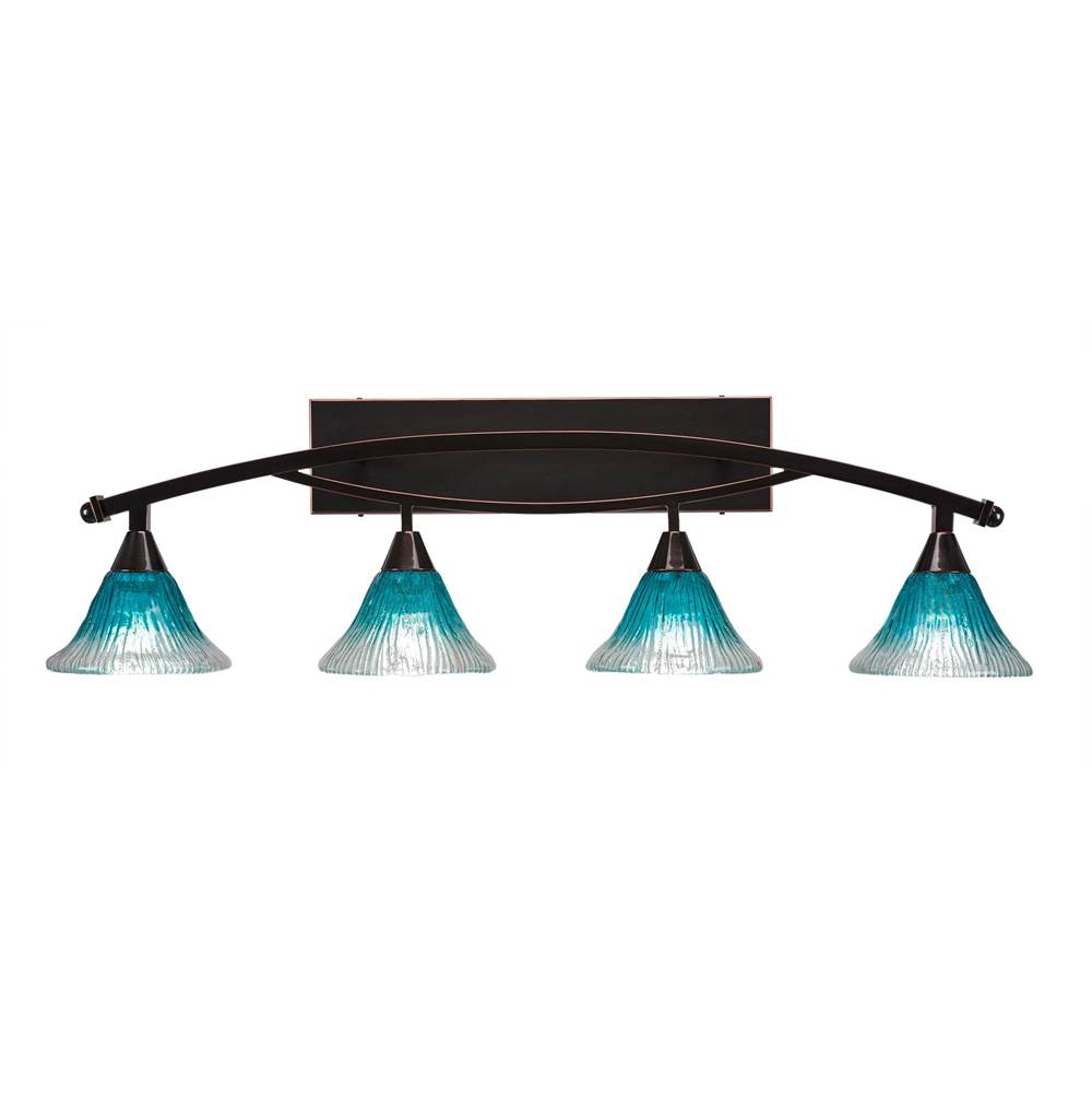 Toltec Lighting Bow 4 Light Bath Bar Shown In Black Copper Finish with 7'' Teal Crystal Glass