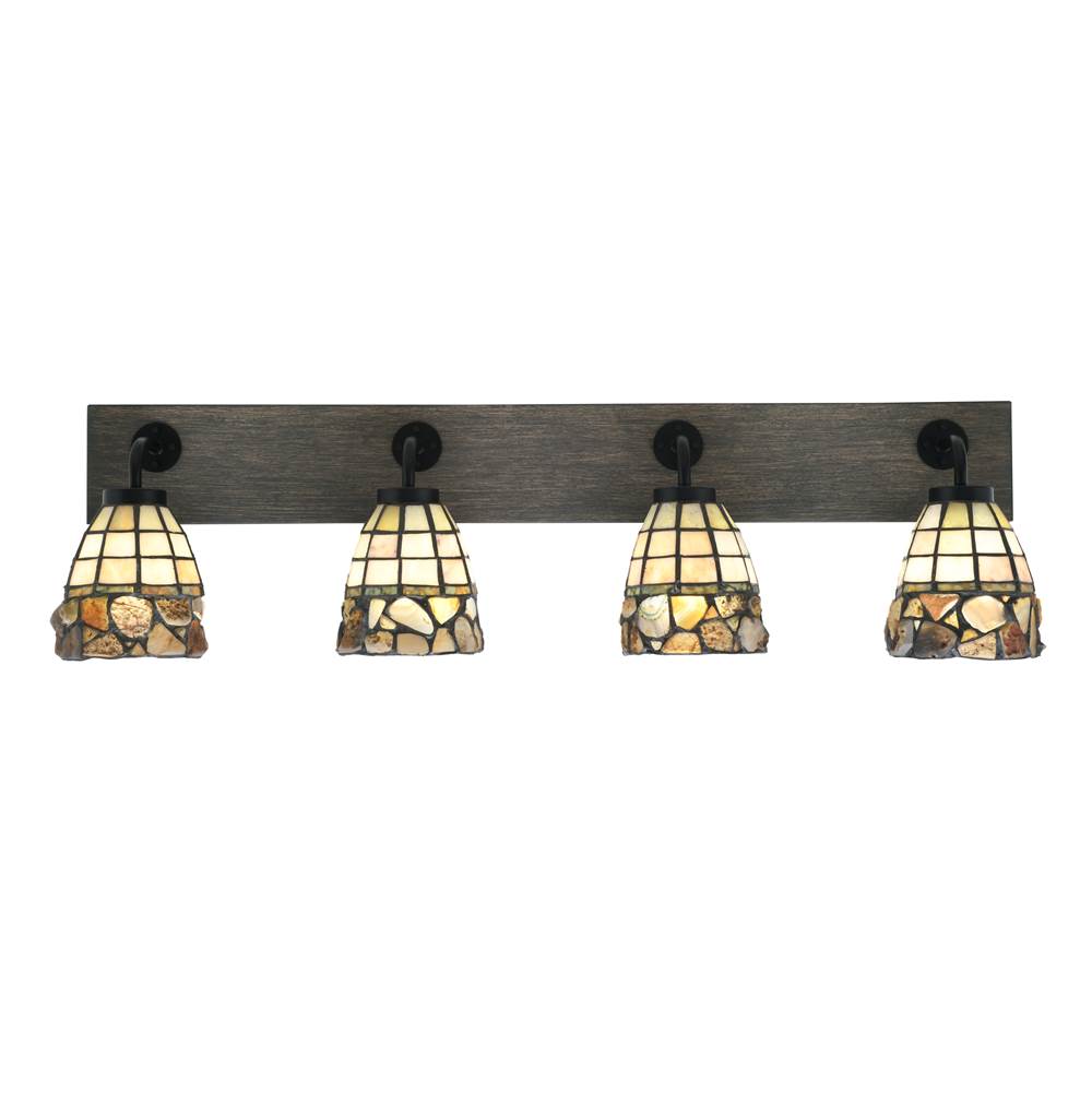 Toltec Lighting Oxbridge 4 Light Bath Bar In Matte Black and Painted Distressed Wood-look Metal Finish With 7'' Cobblestone Art Glass