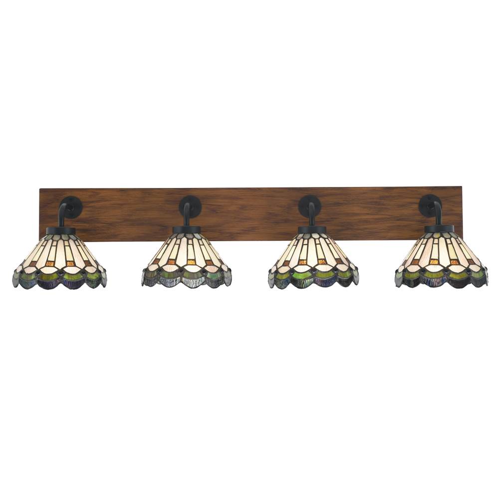Toltec Lighting Oxbridge 4 Light Bath Bar In Matte Black and Painted Wood-look Metal Finish With 7'' Cyprus Art Glass