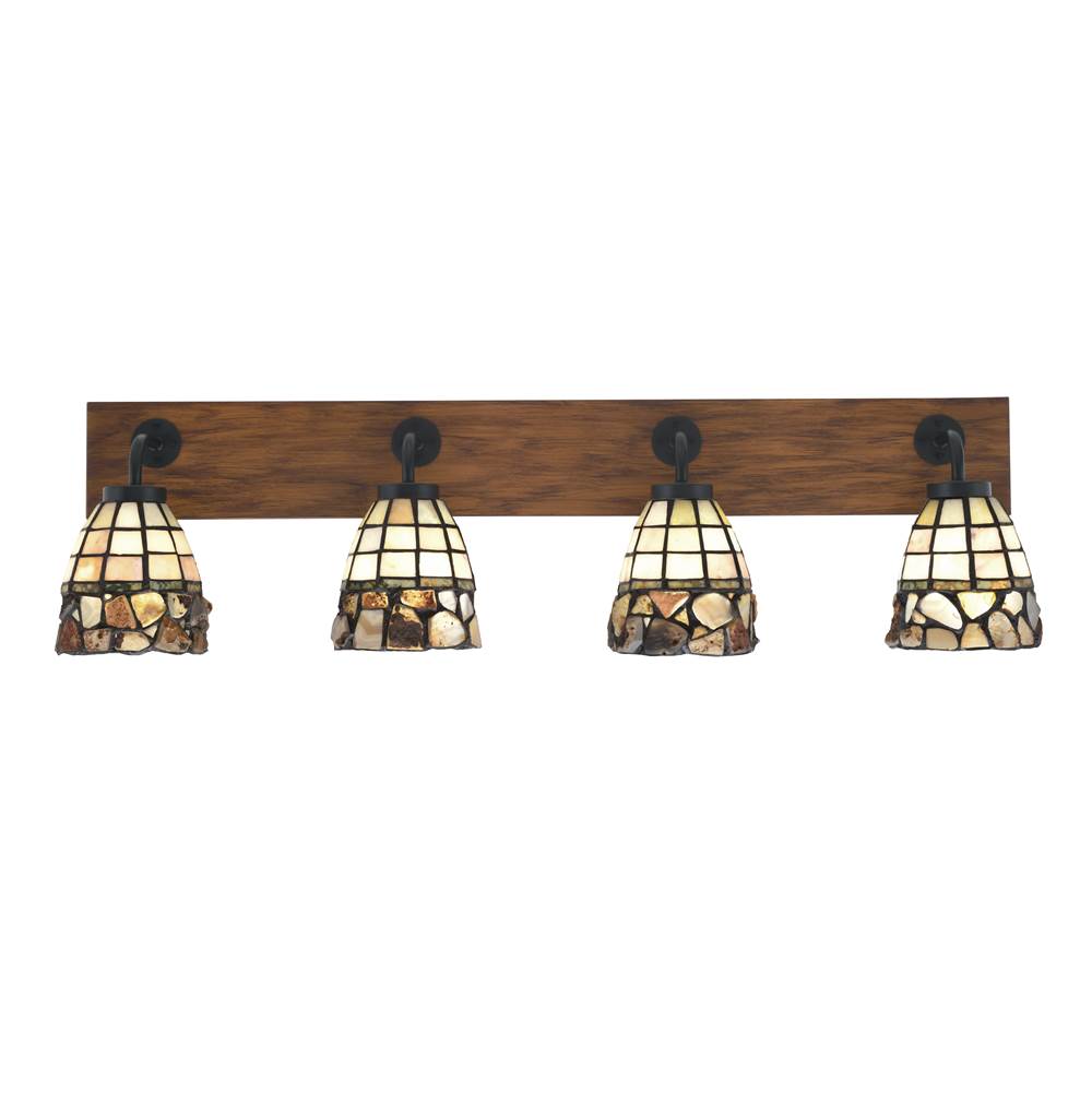 Toltec Lighting Oxbridge 4 Light Bath Bar In Matte Black and Painted Wood-look Metal Finish With 7'' Cobblestone Art Glass