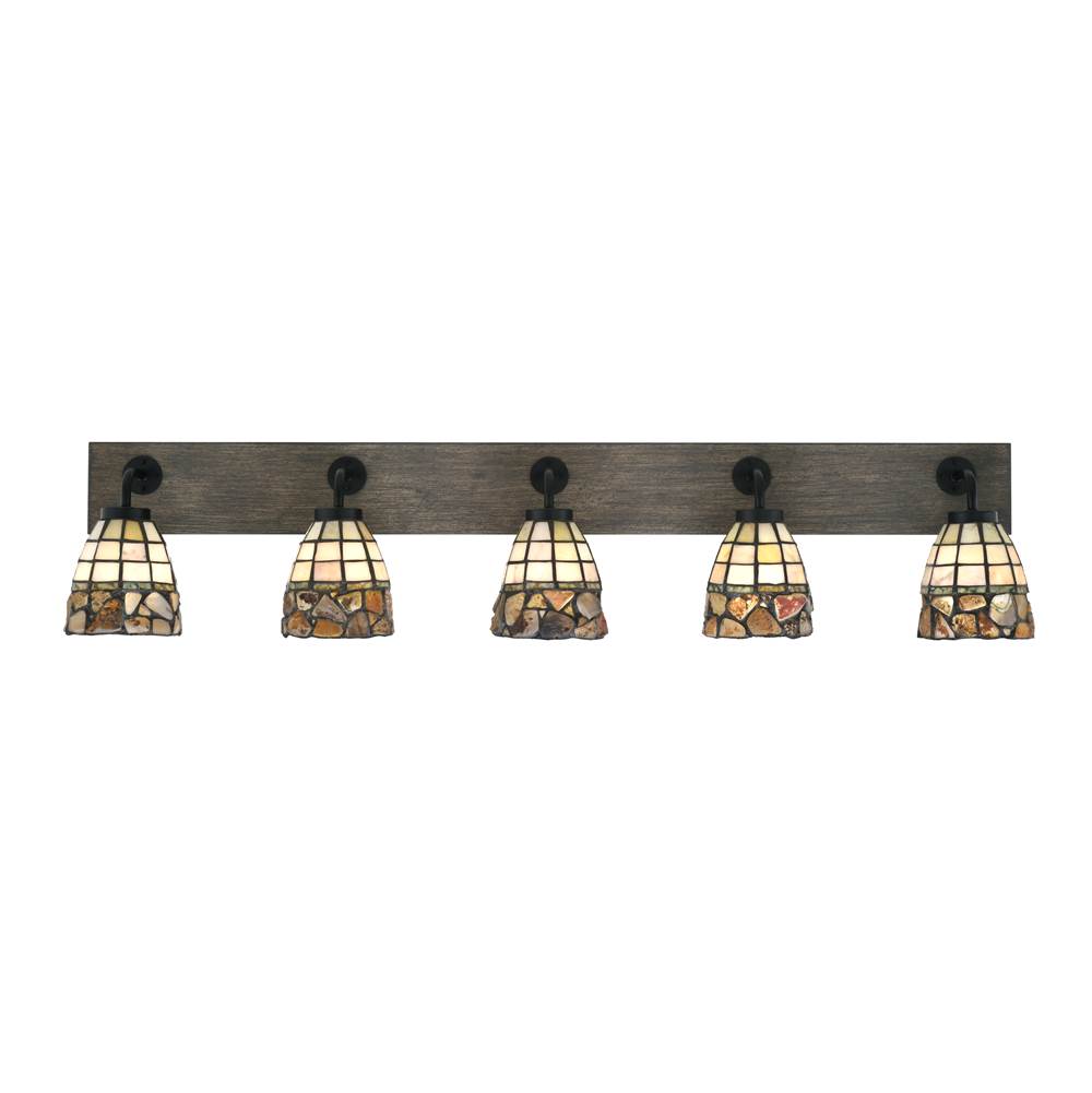 Toltec Lighting Oxbridge 5 Light Bath Bar In Matte Black and Painted Distressed Wood-look Metal Finish With 7'' Cobblestone Art Glass