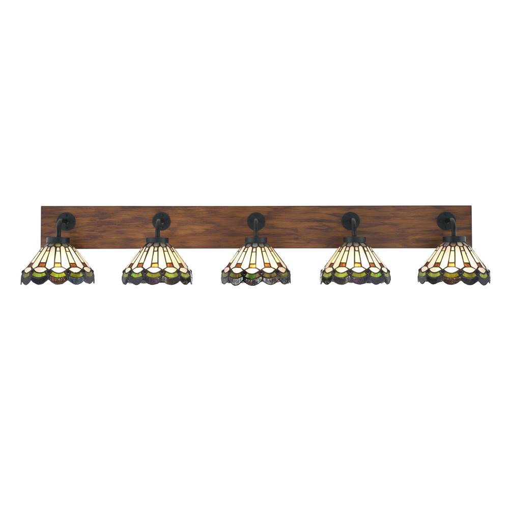 Toltec Lighting Oxbridge 5 Light Bath Bar In Matte Black and Painted Wood-look Metal Finish With 7'' Cyprus Art Glass