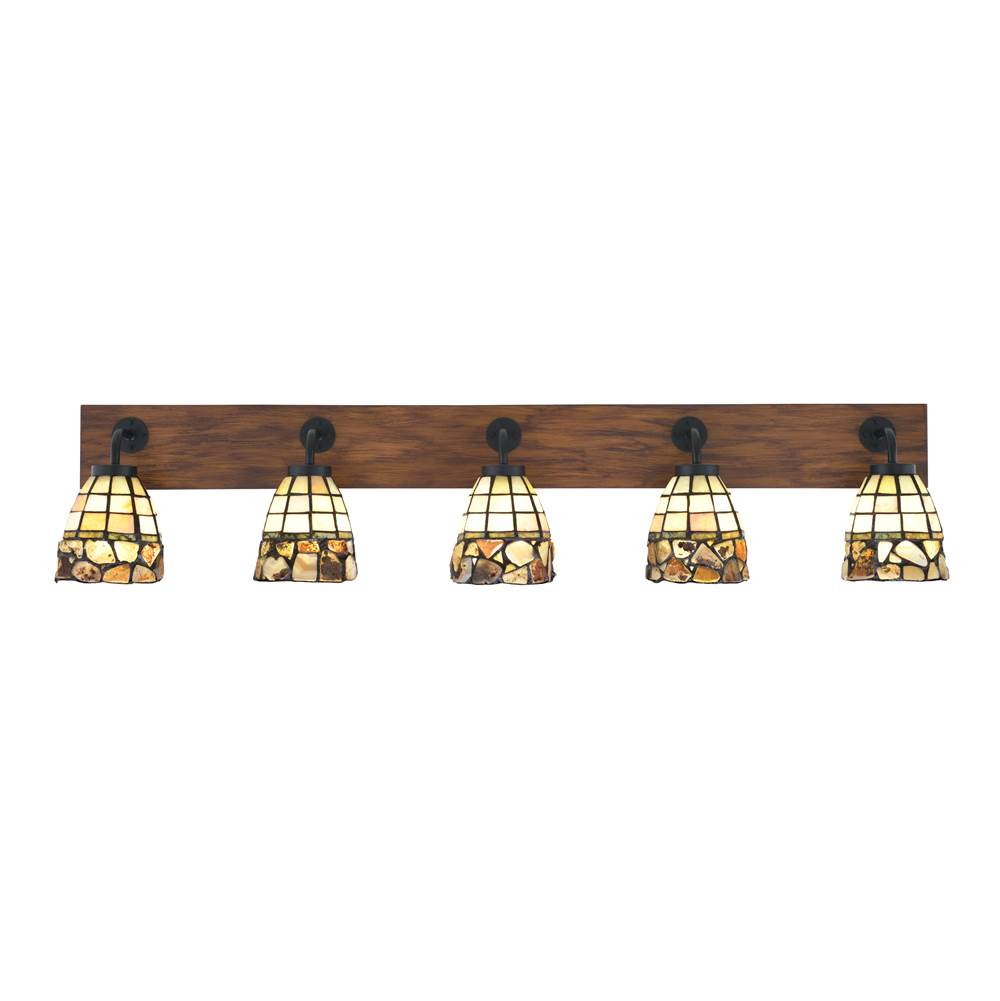 Toltec Lighting Oxbridge 5 Light Bath Bar In Matte Black and Painted Wood-look Metal Finish With 7'' Cobblestone Art Glass