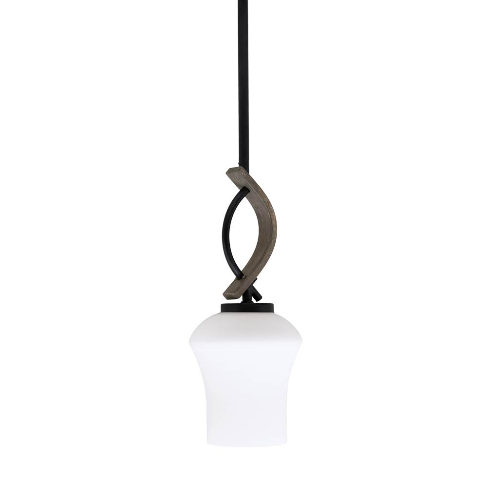 Toltec Lighting Monterey 1 Light Mini Pendant Shown In Matte Black and Painted Distressed Wood-look Metal Finish With 5.5'' Zilo White Linen Glass