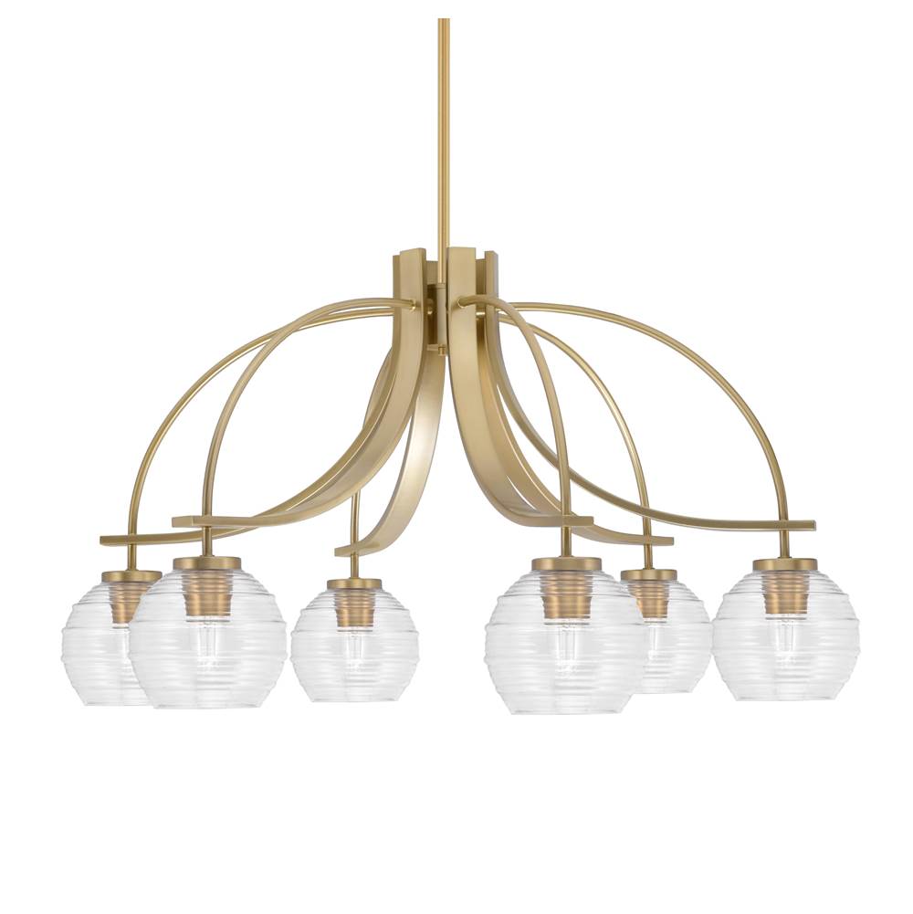 Toltec Lighting Cavella 6 Light, Downlight Chandelier, New Age Brass Finish, 6'' Clear Ribbed Glass