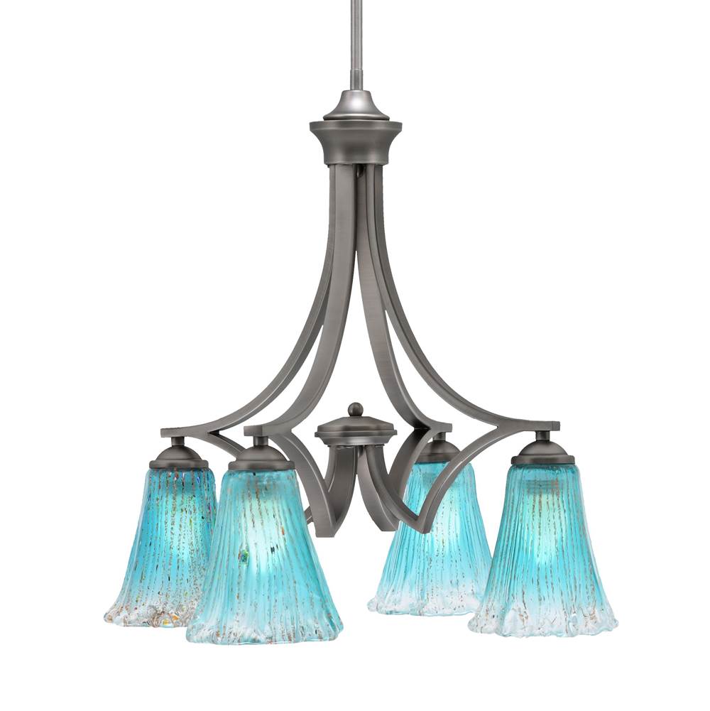 Toltec Lighting Zilo Downlight, 4 Light, Chandelier In Graphite Finish With 5.5'' Fluted Teal Crystal Glass