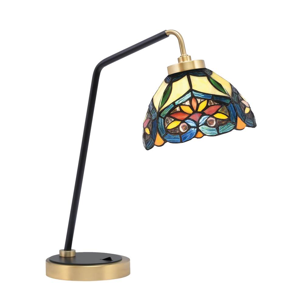 Toltec Lighting Desk Lamp, Matte Black and New Age Brass Finish, 7'' Pavo Art Glass