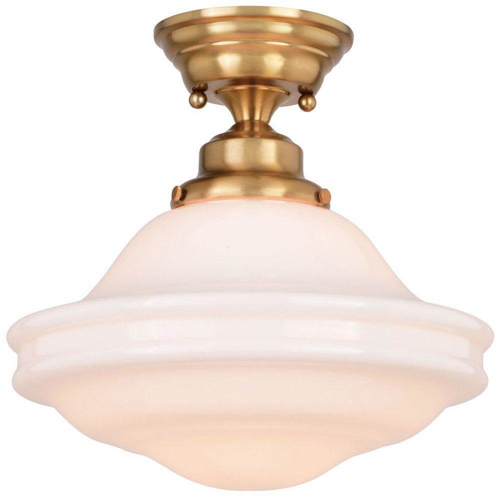 Vaxcel Huntley 12-in W Natural Brass Farmhouse Schoolhouse Semi Flush Mount Ceiling Light White Glass