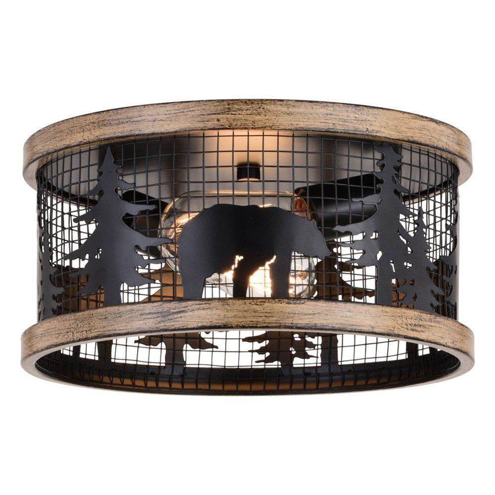 Vaxcel Kodiak 12-in W Black Rustic Round Cage Flush Mount Ceiling Light Fixture Bear and Tree Motif