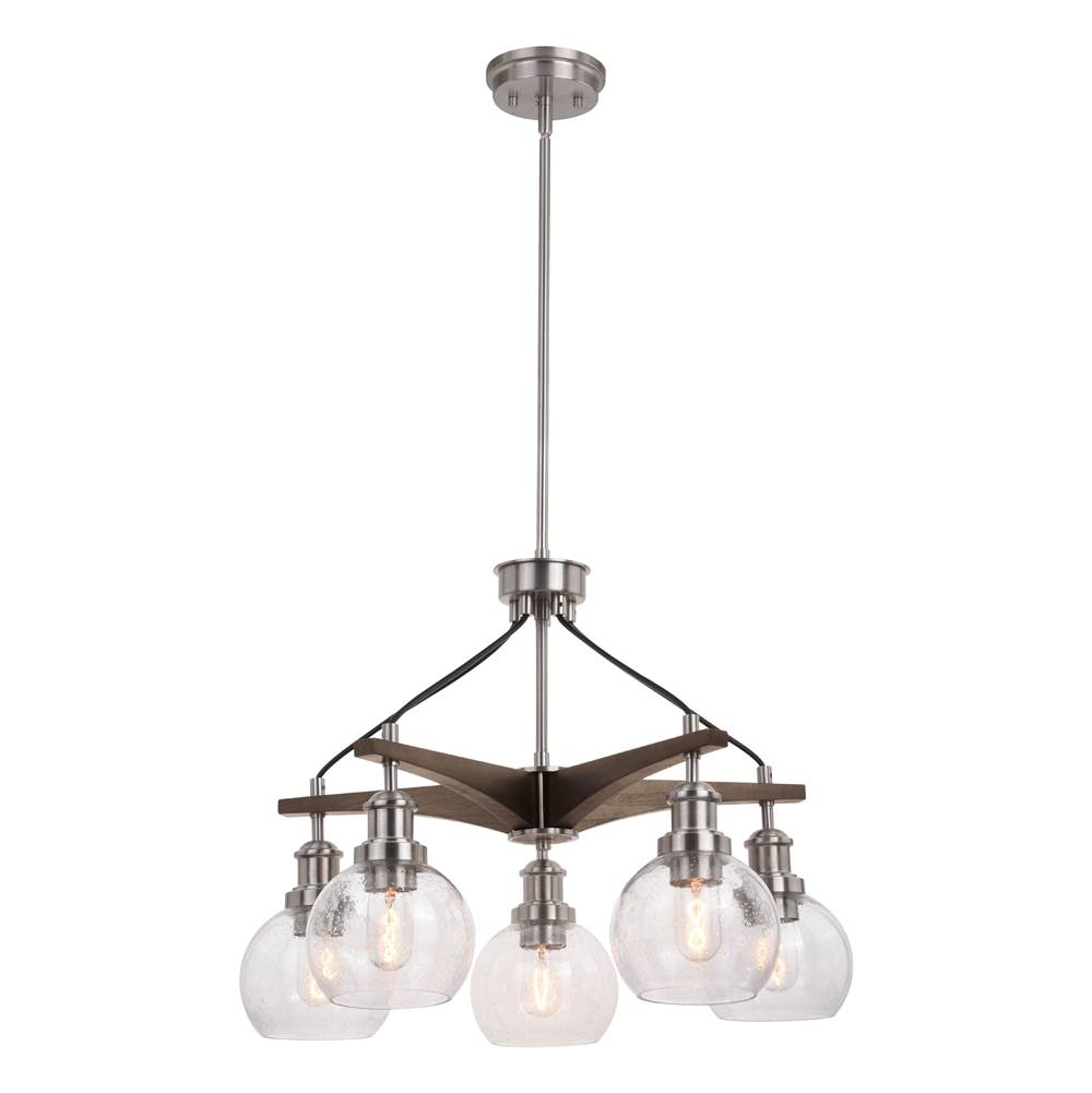 Vaxcel Avondale 25.5-in Satin Nickel and Wood Farmhouse 5 Light Chandelier Dining Room Hanging Fixture, Clear Seeded Glass Globes