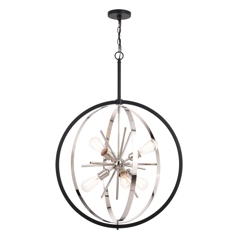 Vaxcel Estelle 26.75-in Polished Nickel and Black Mid Century Modern 6 Light Globe Sputnik Hanging Ceiling Pendant Chandelier