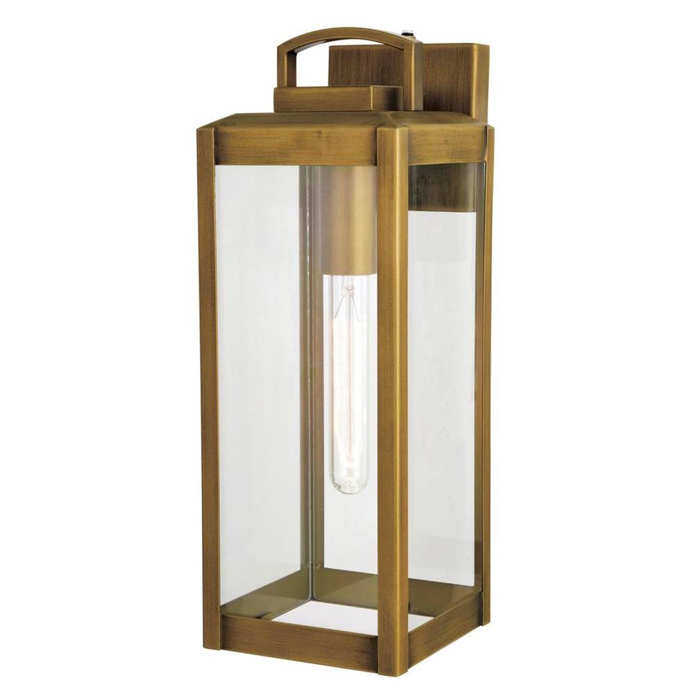 Vaxcel Kinzie 1 Light 16.75-in. H Dusk to Dawn Gold Vintage Brass Outdoor Wall Lantern Fixture with Clear Glass