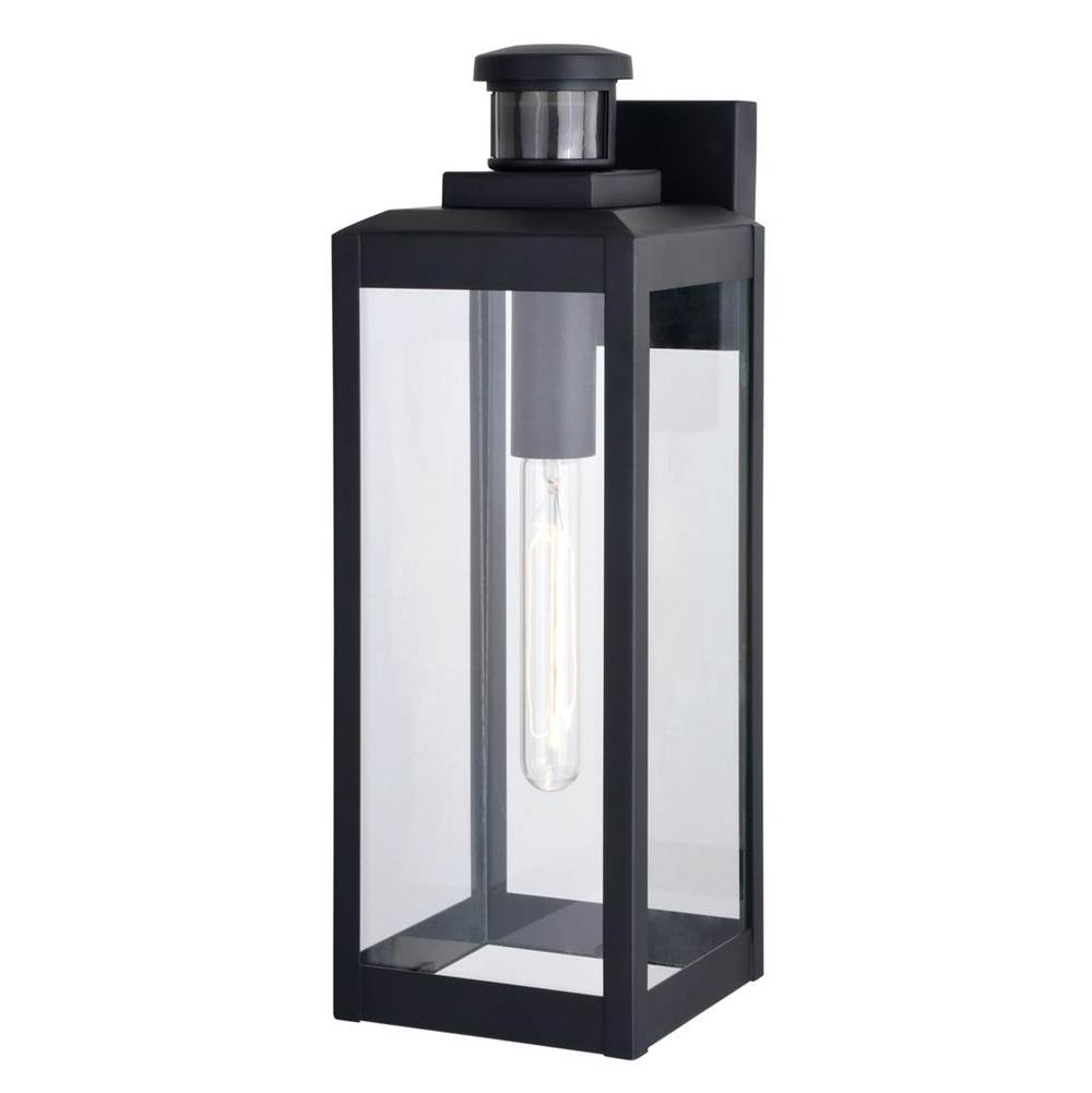 Vaxcel Kinzie Black Motion Sensor Dusk to Dawn Outdoor Wall Light Fixture with Clear Glass