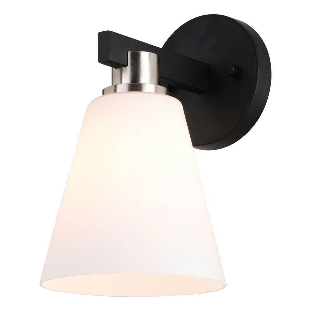 Vaxcel Vermont 1 Light Matte Black and Nickel Bathroom Vanity Wall Sconce Fixture White Glass