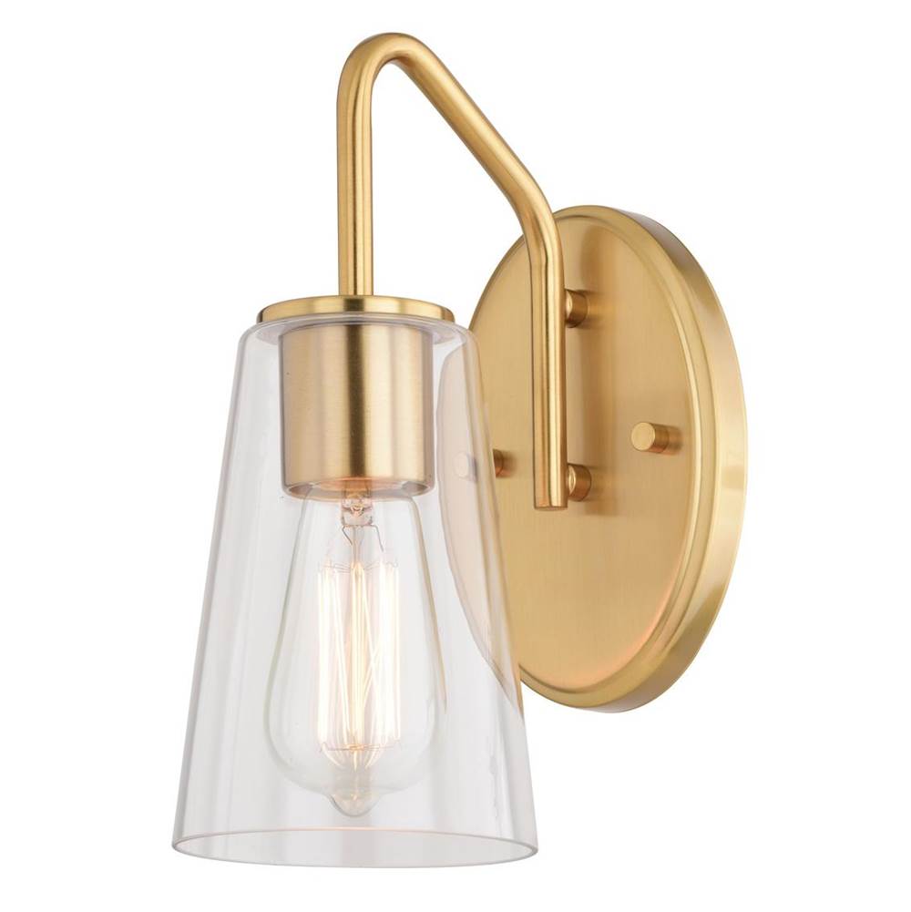 Vaxcel Beverly 1 Light Gold Muted Brass Bathroom Vanity Wall Sconce Fixture Clear Glass Shade, LED Compatible