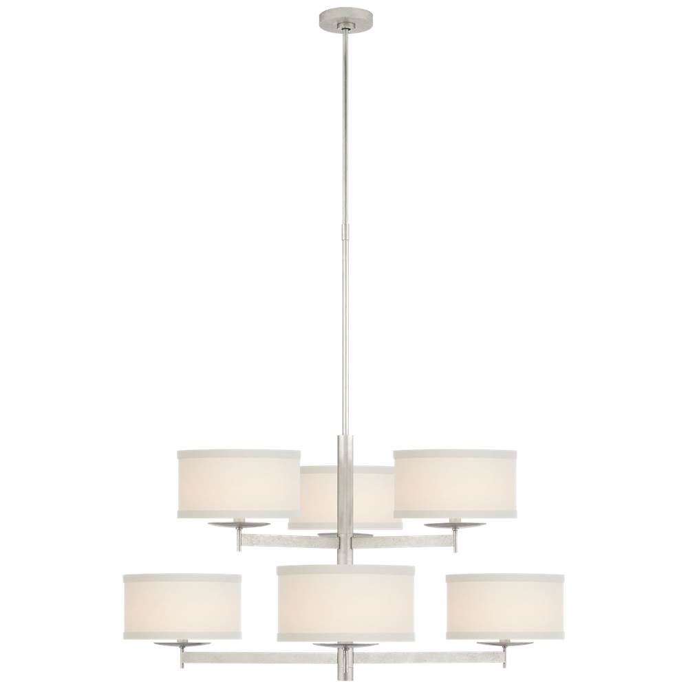 Visual Comfort Signature Collection Walker Medium Two Tier Chandelier in Burnished Silver Leaf with Cream Linen Shades