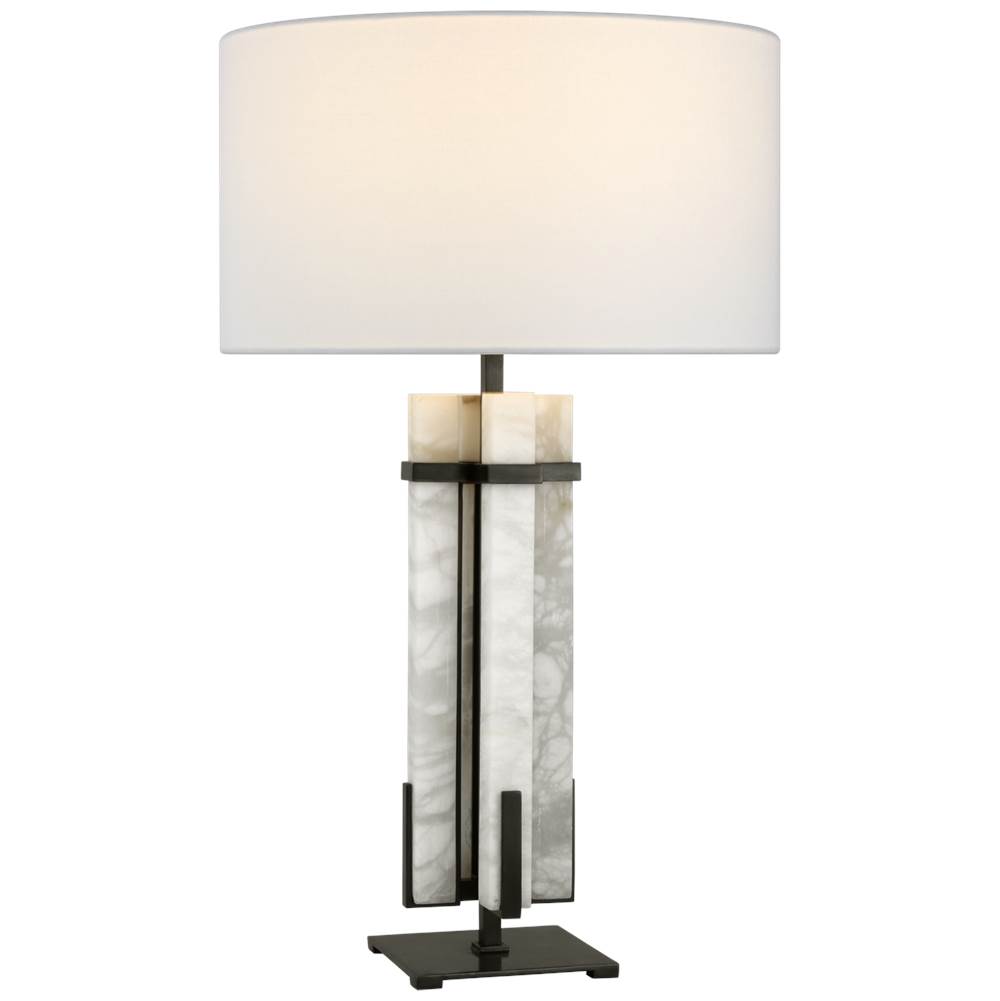 Visual Comfort Signature Collection Malik Large Table Lamp in Bronze and Alabaster with Linen Shade