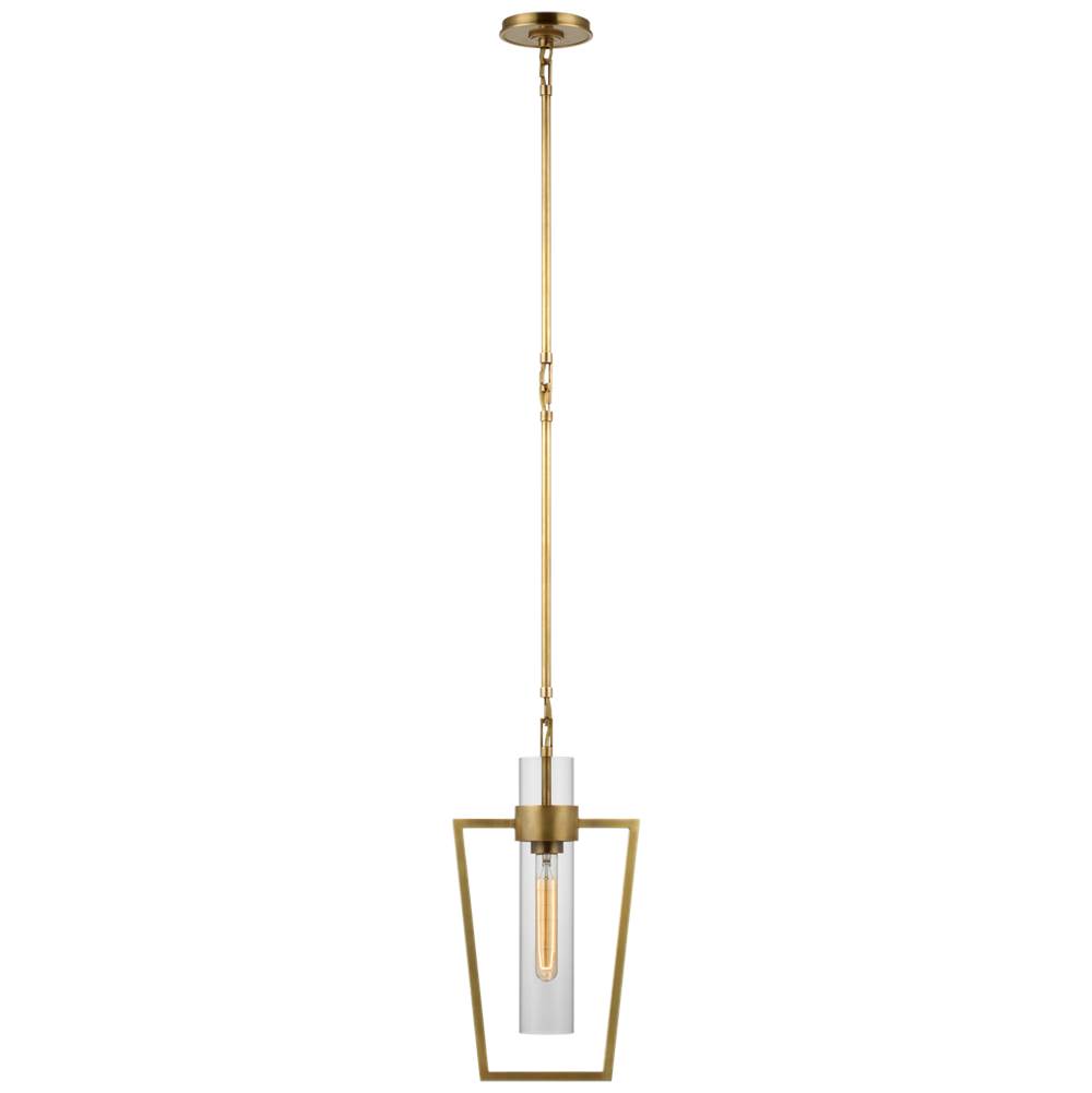Visual Comfort Signature Collection Presidio Petite Caged Pendant in Hand-Rubbed Antique Brass with Clear Glass