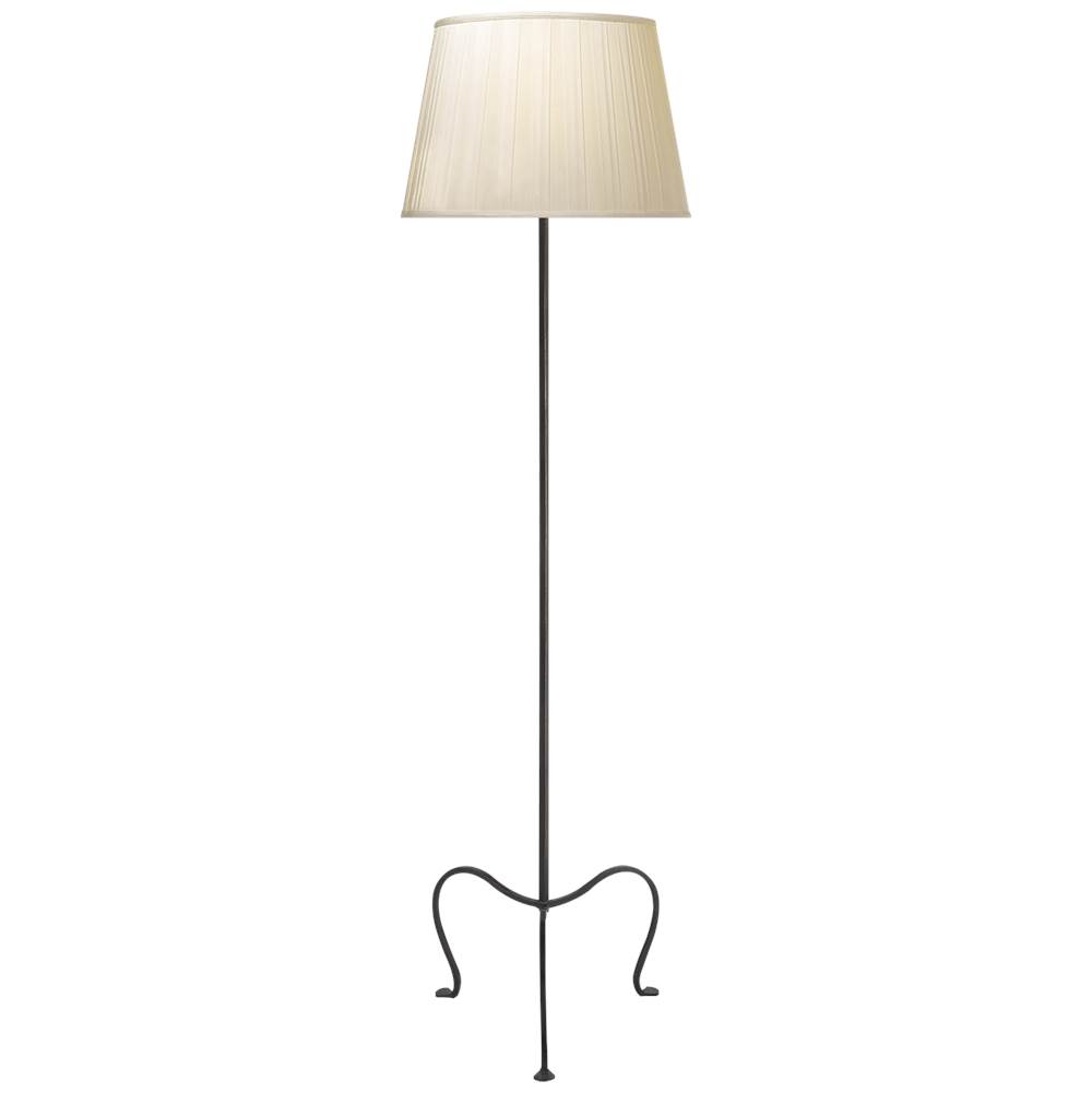 Visual Comfort Signature Collection Albert Petite Tri-Leg Floor Lamp in Aged Iron with Silk Box Pleat Shade