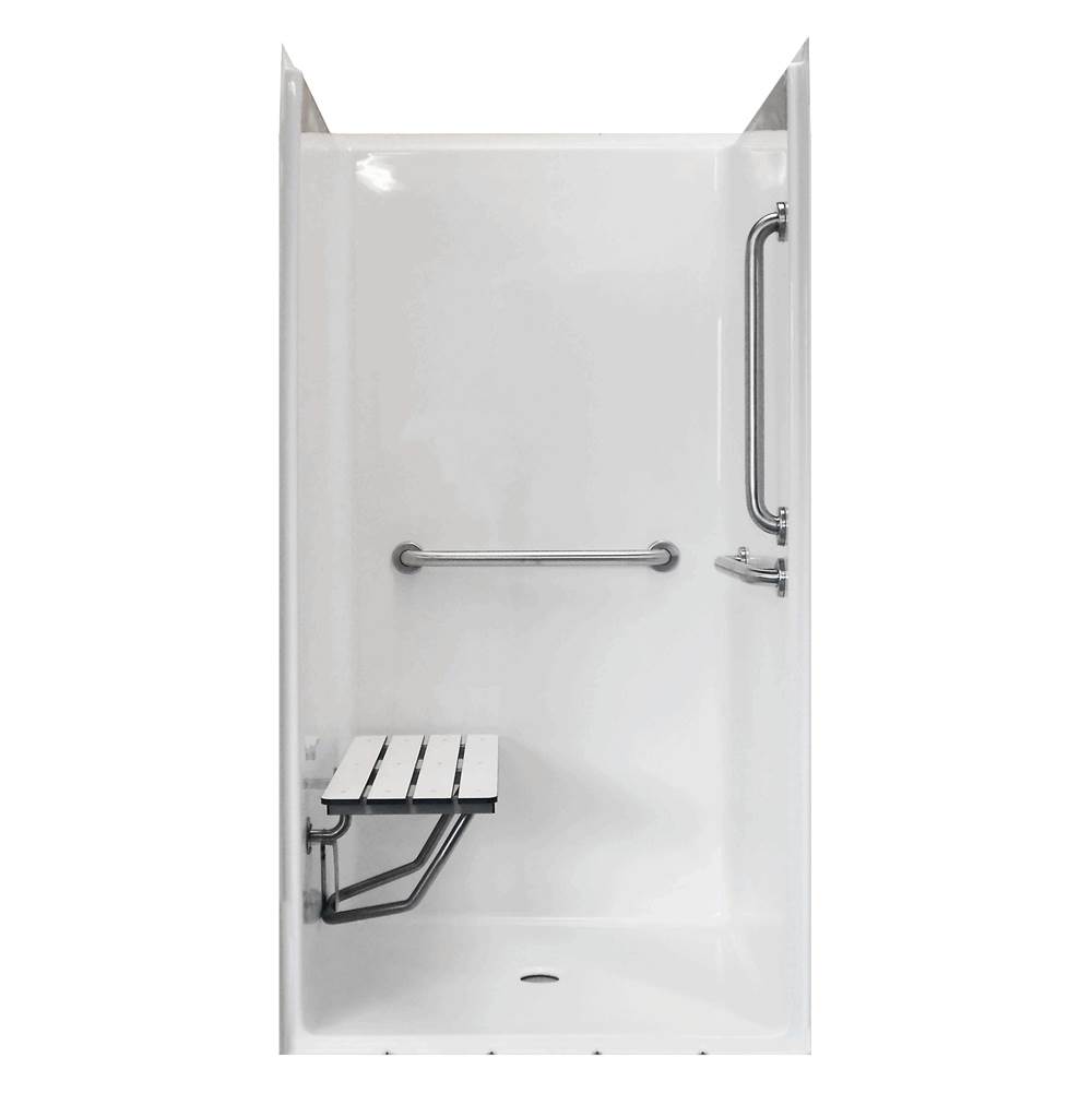Warm Rain Shower and Tub/Shower with Grab Bars, Fold-Up Seat, Pressure Balance Valve, Hand held Shower with Slide Bar, Vacuum Breaker, and Curtain Rod